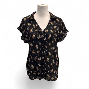 Pleione Floral Button Down Blouse Ruffle Cap Sleeve Black Orange Size Large